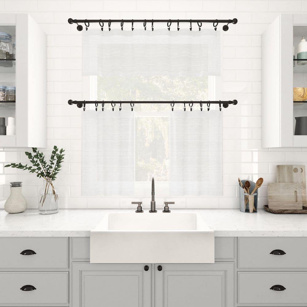 White Sheer Linen Blend Rod Pocket Kitchen Curtain Tiers
