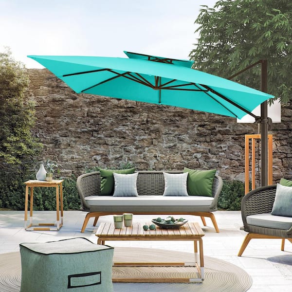 JEAREY 12 ft. x 12 ft. Square Outdoor Cantilever Umbrella Patio 2-Tier Top Rotation Umbrella with Cover in Peacock Blue