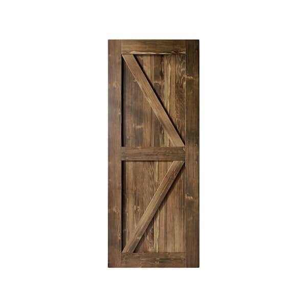 HOMACER 42 in. x 96 in. K-Frame Walnut Solid Natural Pine Wood Panel Interior Sliding Barn Door Slab with Frame