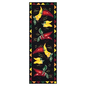 Cookery Collection Non-Slip Rubberback Hot Peppers 2x5 Kitchen Runner Rug, 1 ft. 8 in. x 4 ft. 11 in., Black Peppers