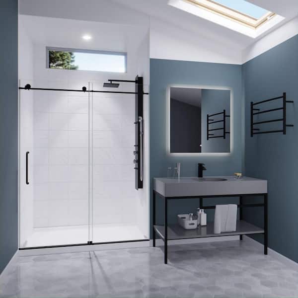 Leon 60 in. W x 76 in. H Sliding Frameless Shower Door/Enclosure in Matte Black with Tsunami Guard Clear Glass