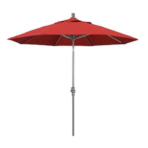 9 ft. Hammertone Grey Aluminum Market Patio Umbrella with Collar Tilt Crank Lift in Red Olefin