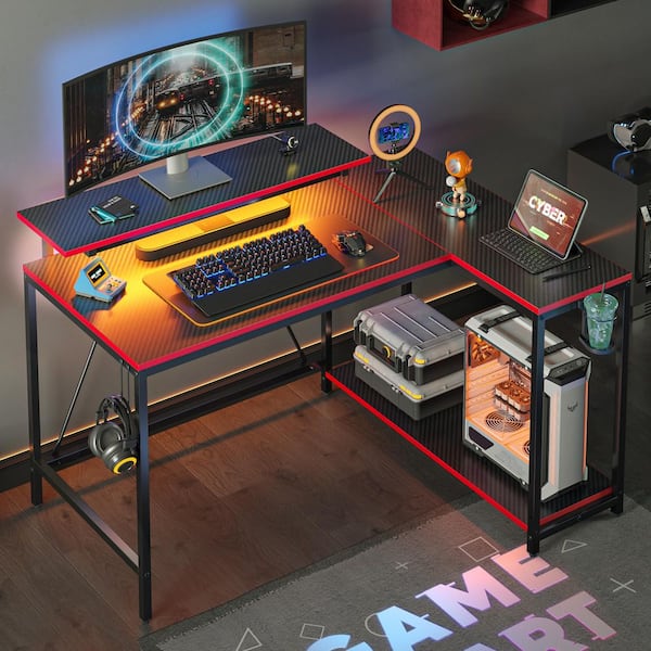 PINMOCO 42 in. L-Shaped Black Carbon Fiber Reversible Gaming Desk LED Computer Desk with Storage Monitor Stand and Headset Hooks