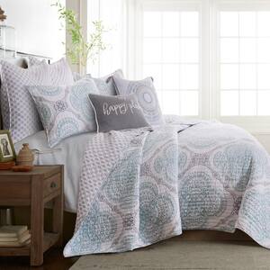 Shutters 3-Piece Multicolored Teal Gray White Medallion Cotton Full/Queen Quilt Set