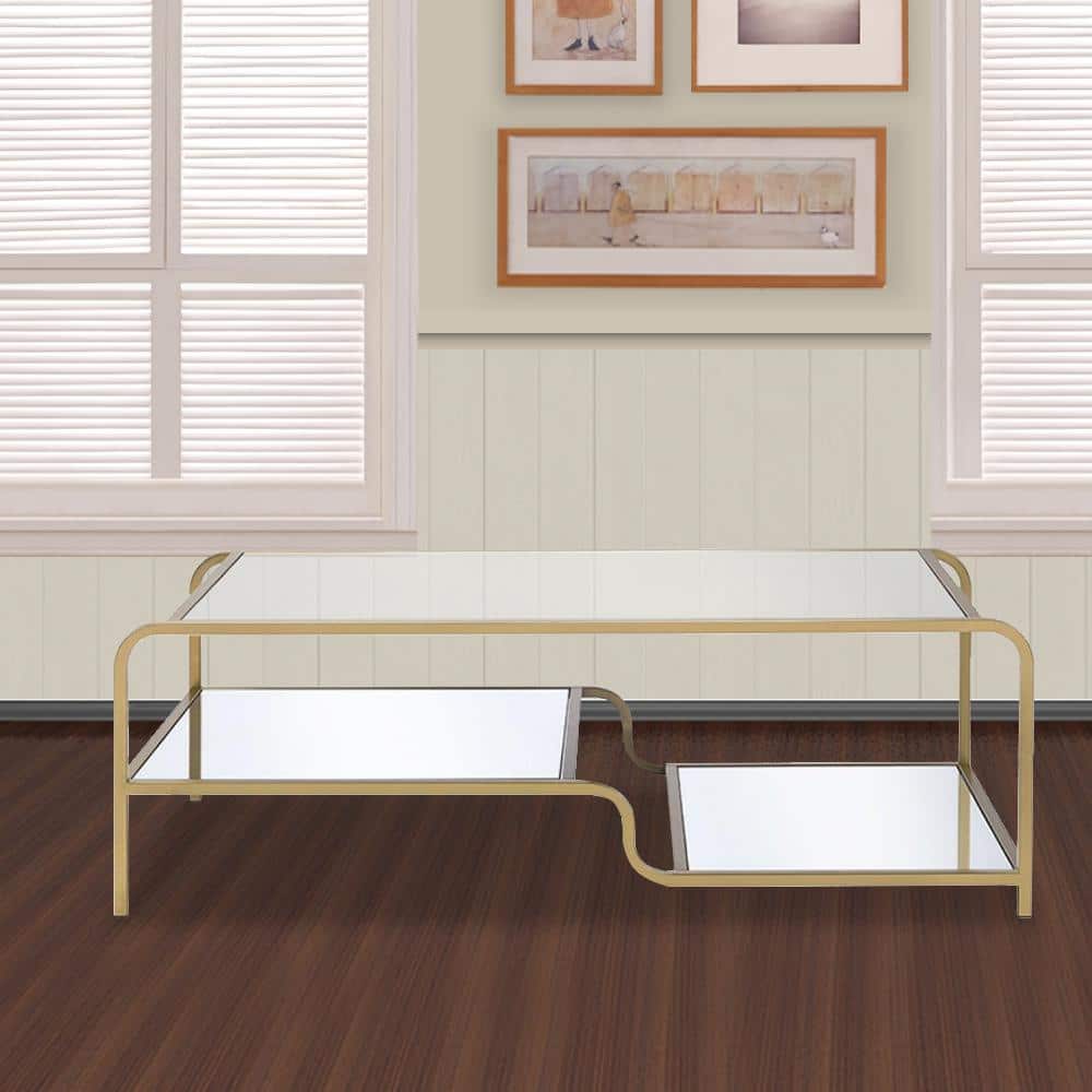 Gold and Mirrored Rectangular Coffee Table with Metal Frame