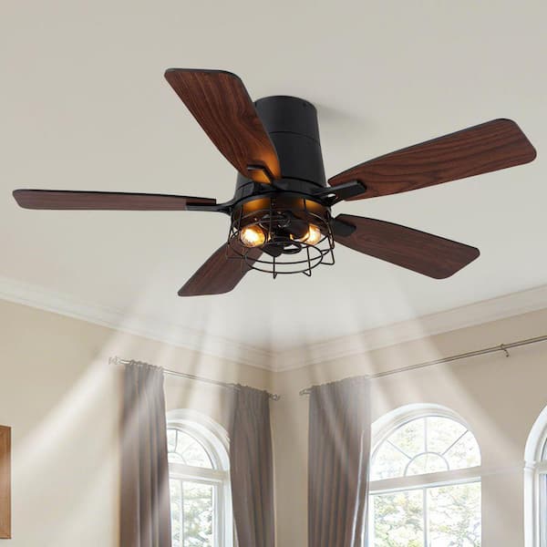 42 in. Indoor Black Flush Mount Fandelier Caged Ceiling Fan with Dual-Tone Blades Remote/Switch Control No Bulb Included