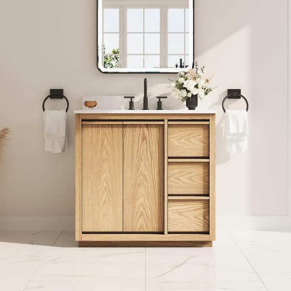 Oakland 36 in. Fully Assembled Freestanding Oak Solid Wood Bath Vanity with White Quartz Top, Soft-Close, Backsplash