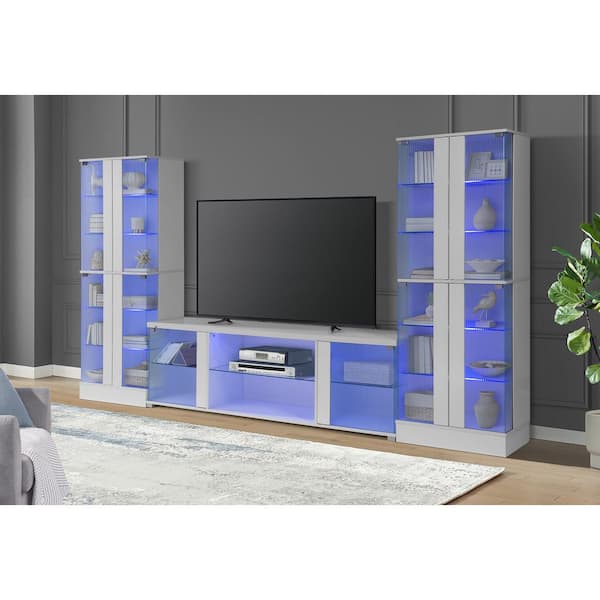 Indira Glossy White TV Stand Entertainment Center with LED