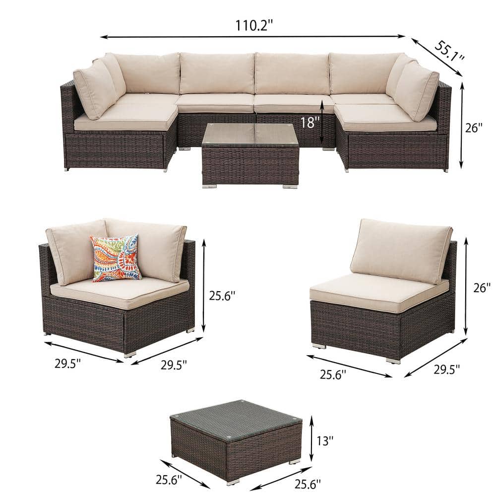7-Piece Black Steel Wicker Patio Set with Beige Cushions