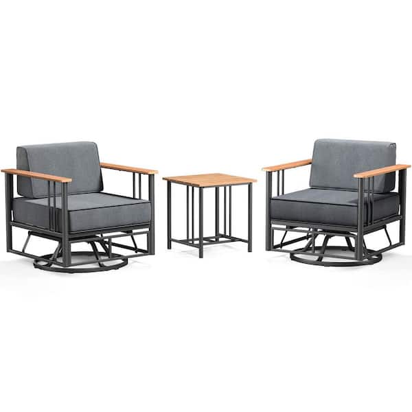 Minimalism Metal 3-Pieces Black Outdoor Patio Conversation Rocking Chair Swivel Glide with Table and Dark Gray Cushions
