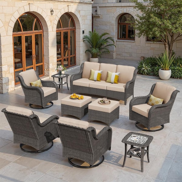 Newport Brown Wicker 9-Piece Patio Conversation Sofa Swivel Chairs Set with Ottomans and Beige Cushions