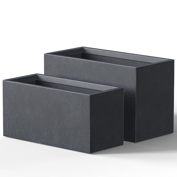 Modern 12in., 16in. High Large Tall Elongated Square Granite Gray Outdoor Cement Planter Plant Pots Set of 2