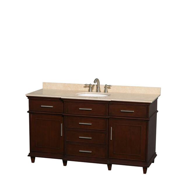 Wyndham Collection Berkeley 60 in. Vanity in Dark Chestnut with Marble Vanity Top in Ivory and Oval Basin