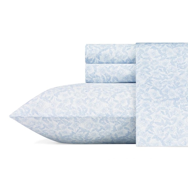 Blossoming 4-Piece Blue Floral Cotton Queen Sheet Set