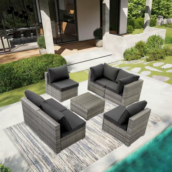JUSKYS GUKOO Gray Wicker 7-Piece Metal Frame Sofa Seating Group with Gray Cushion