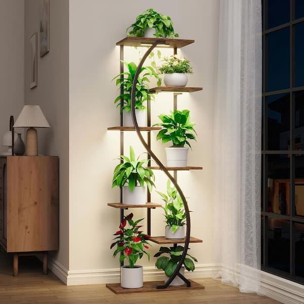 Walnut Plant Stand with Grow Light Indoor, 7-Tiered Metal Plant Shelf, Corner Storage Shelf for Living Room, Patio