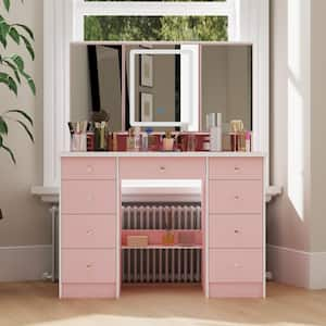 Pink Modern Makeup Vanity Desk 9-Drawers Wood Dressing Table with 3 Mirrors, Hidden Storage Shelves, LED Lighted Lights