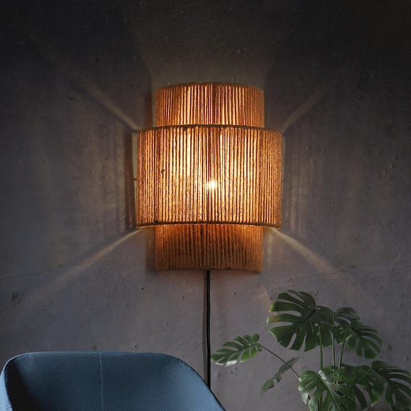 Modern 9.8 in. 1-Light Plug in LED Rope Wall Sconces with 2-Layers Shade, Farmhouse Boho Reading Wall Lamp with Switch