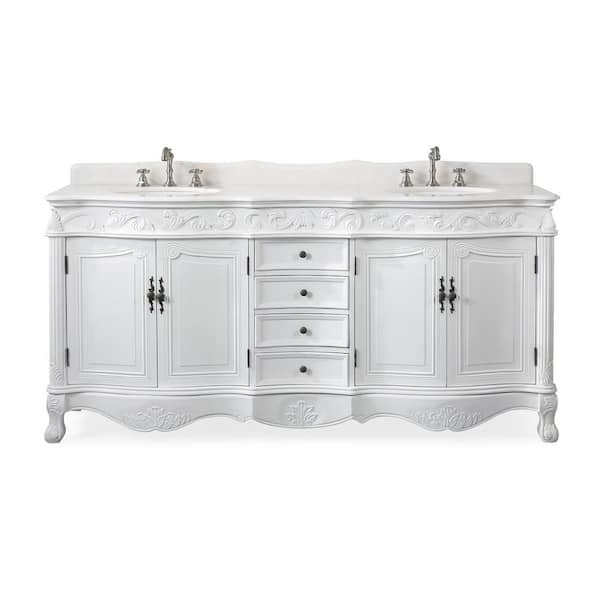 Benton Collection Beckham 72 in. W x 22 in. D x 36 in. H Double Sink Bathroom Vanity in Antique White with White Marble Top