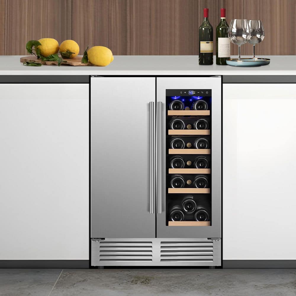 Nipus 24 in. Dual Zone 18-Bottle and 60-Can Wine and Beverage Cooler 4-Door Handles Wine Fridge Six Adjustable Feet in Silver