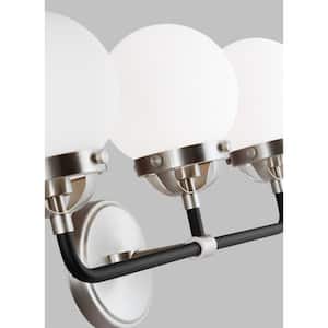 Cafe 21.75 in. W 3-Light Brushed Nickel Vanity Light with Etched/White Glass Shades and Matte Black Frame Accents