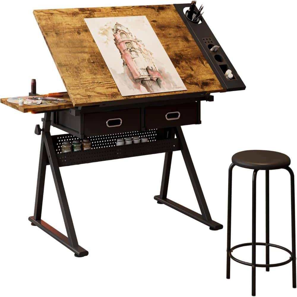 Dark Wood Drafting Table Adjustable Workbench 0-75° Tilting Top with 2 Drawers & Stool for Art Drawing, Home Office price history on PriceWatchPro