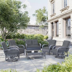 6-Piece Wicker Patio Conversation Set Deep Seating Chair Set with Swivel Rocking Chairs and Gray Cushions