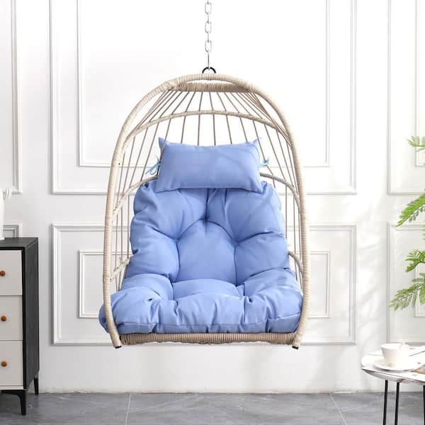 Nestfair 2.36 ft. Outdoor Rattan Hammock Chair Hanging Chair with Blue Cushion