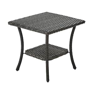 Outdoor Wicker Patio Side Table with 2-Layer Storage Furniture Tables for Garden, Porch, Backyard