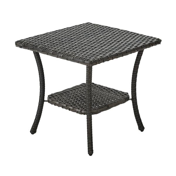Pocassy Outdoor Wicker Patio Side Table with 2-Layer Storage Furniture Tables for Garden, Porch, Backyard