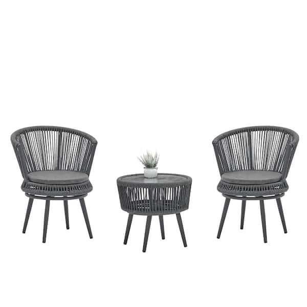 Afoxsos Dark Gray 3-Piece PE Wicker Outdoor Bistro Set Table and Chair Set with Table and Gray Cushions