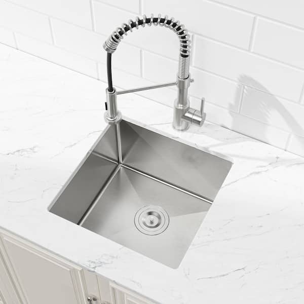 18 in. x 18 in. Brushed Nickel Stainless Steel Single Bowl Undermount Kitchen Sink with Drain and Hooks
