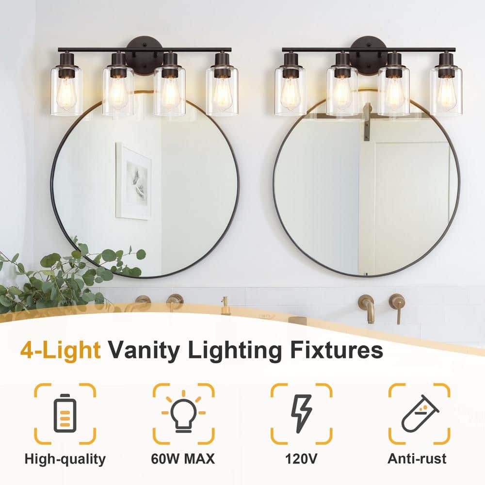 Oil Rubbed Bronze 4-Light Bathroom Vanity Fixture with Clear Glass Shades
