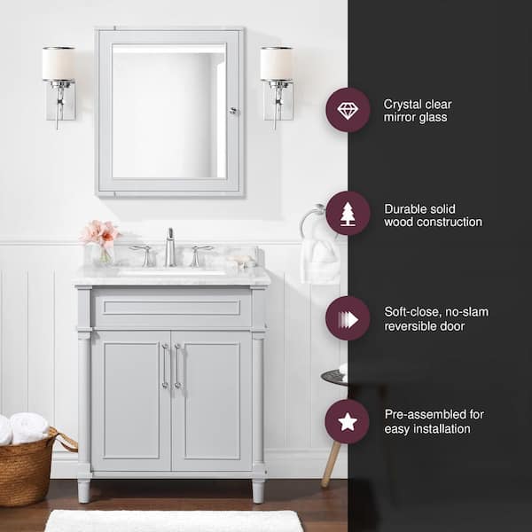 Aberdeen 24 in. W x 8 in. D x 27 in. H Rectangular Surface Mount Dove Gray Medicine Cabinet with Mirror