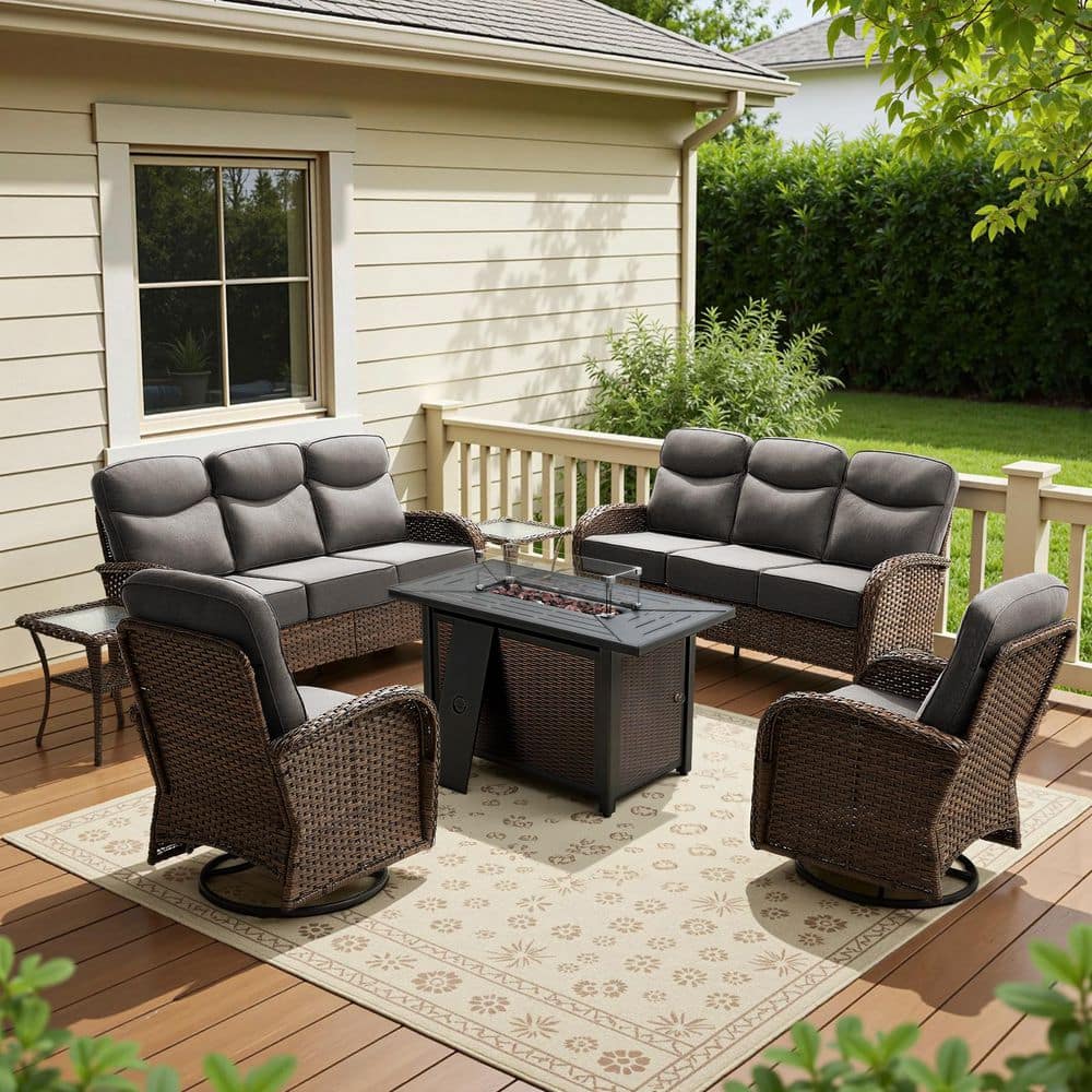 Luna Brown 7-Piece Wicker Outdoor Patio Fire Pit Deep Seating Set with 6-Inch Olefin Gray Cushions price history on PriceWatchPro