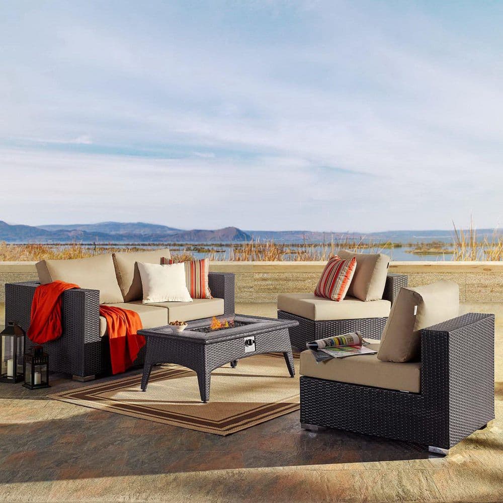 Convene Wicker Rattan 5-Piece Outdoor Patio Conversation Set with Fire Pit and Cushions in Espresso Beige