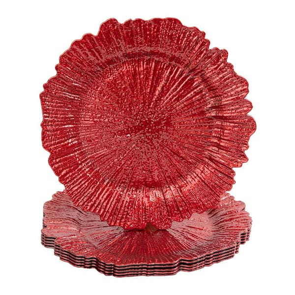13 in. Red Charger Plates (Set of 6), Reef Plate Chargers for Dinner Plates, Plastic Table Chargers for Christmas