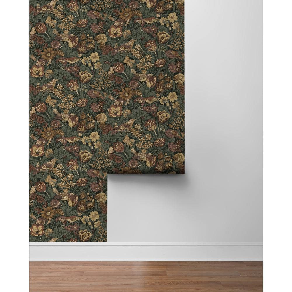 Mahogany and Graphite Bird Floral Pre-pasted Vinyl Wallpaper