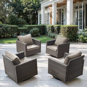 Brown Wicker Outdoor Rocking Chairs, Patio Swivel Gliders with Gray Cushions for Porch or Balcony (4-Pack)