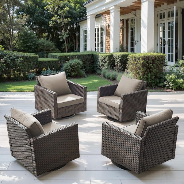 Opohoro Brown Wicker Outdoor Rocking Chairs, Patio Swivel Gliders with Gray Cushions for Porch or Balcony (4-Pack)