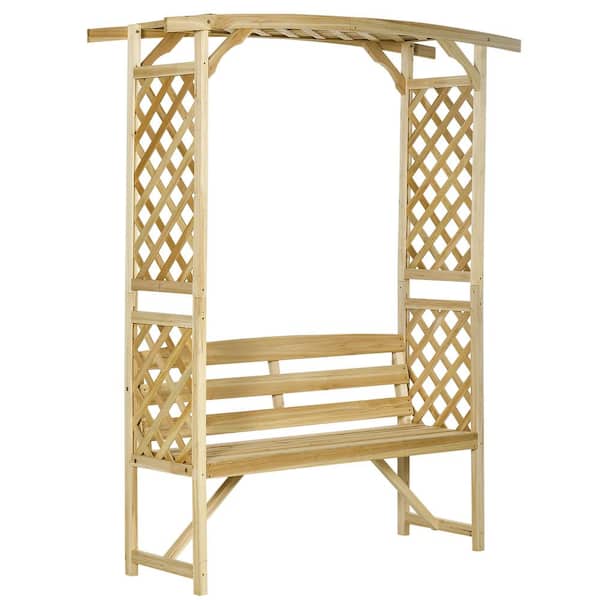 Zeus & Ruta 63 in. 3-Person Natural Wood Outdoor Bench Patio Garden Bench Arbor with Pergola and 2-Trellises for Climbing Plants