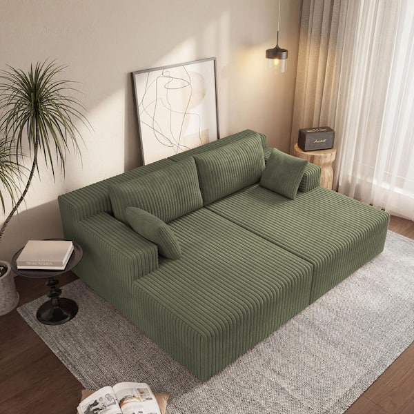 Sullivan Modern 2-Piece Antique Green Corduroy Polyester Double Chaise Lounges with Pillows, Full Foam