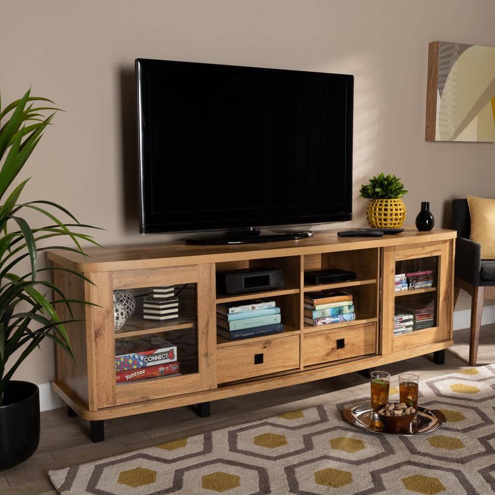 Oak Brown Wood TV Stand with Glass Doors and Drawers