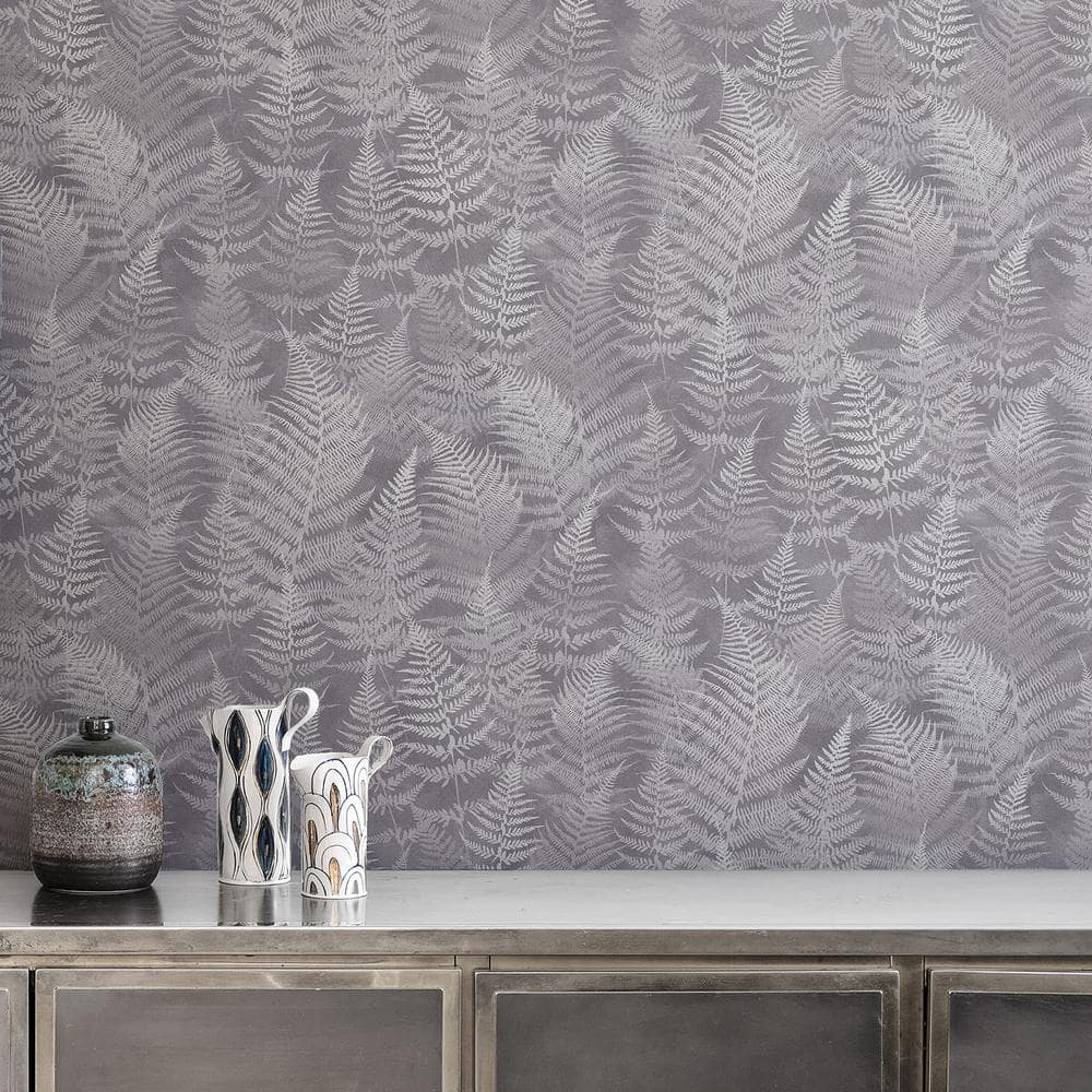 Pewter and White Fern Pattern Removable Wallpaper Roll