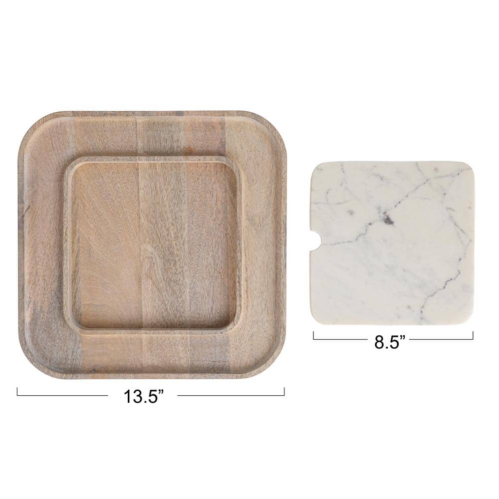 13.5" White Marble and Mango Wood Square Cutting Board Set