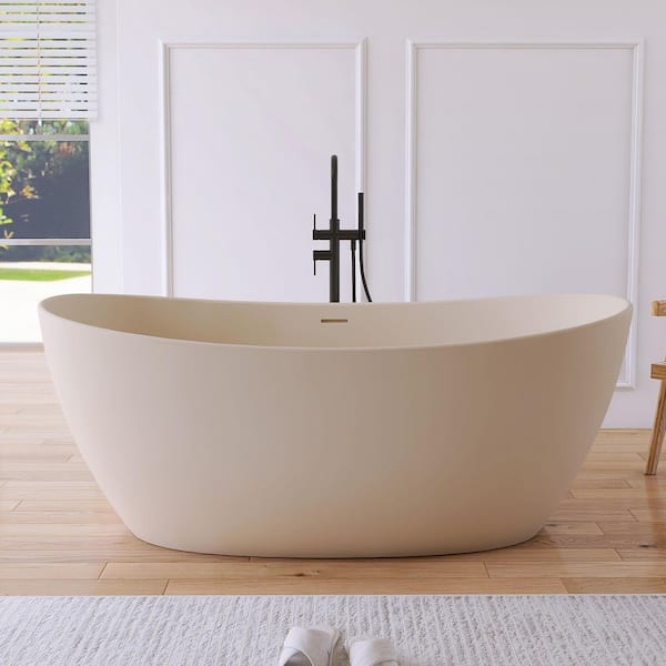 65 in. x 33.5 in. Stone Resin Solid Surface Flatbottom Freestanding Soaking Bathtub in Cream