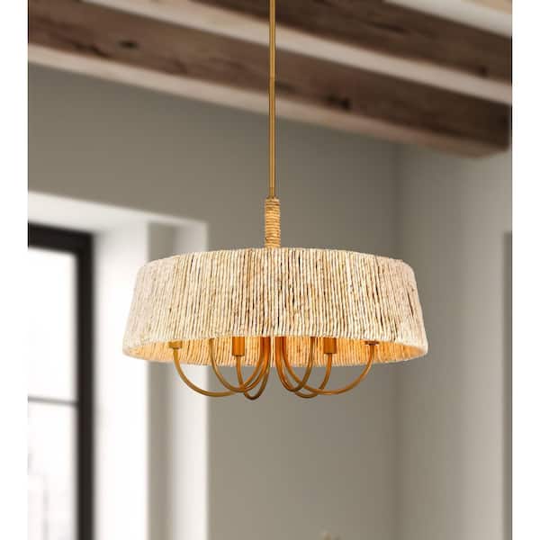 Hellia 60-Watt 6-Light Legacy Brass Drum Pendant Light with a Natural Abaca Rope Shade, No Bulbs Included