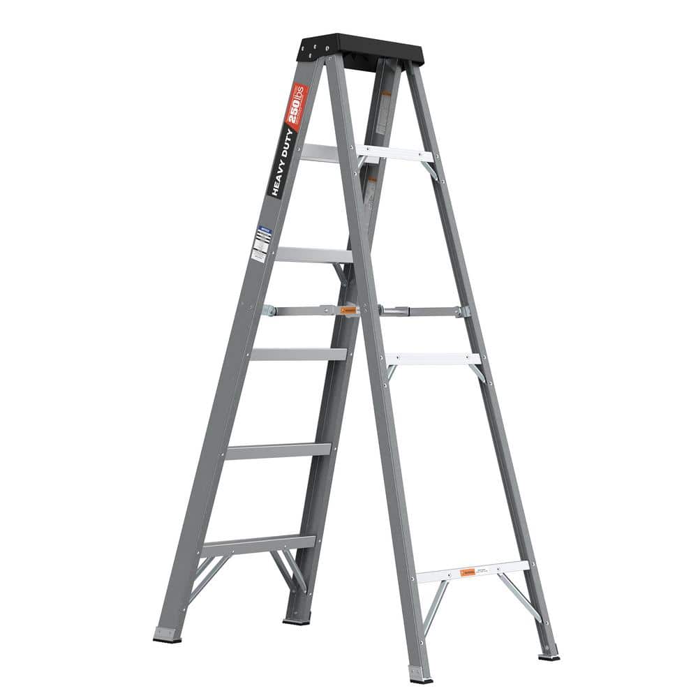 Grey 6 ft. Fibreglass Step Ladder 10 ft. Reach Height with 250 lbs. Load Ca
