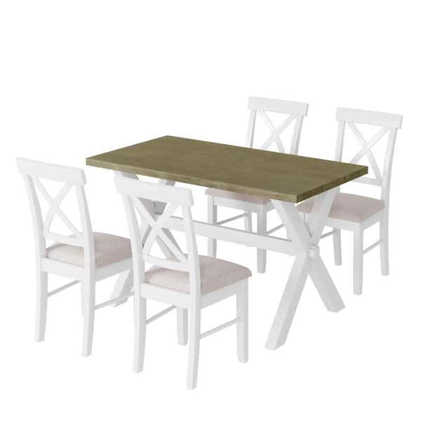 maocao hoom 5 Pieces White Wood Dining Set with 4-White Upholstered X-back Chairs