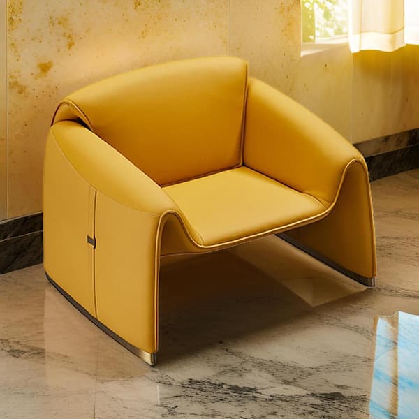 Benjara Yellow and Gold Leather Armchair with Gold Metal Finish